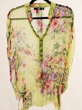 BEDO Sheer Floral Beaded Chiffon Tunic Top – Small